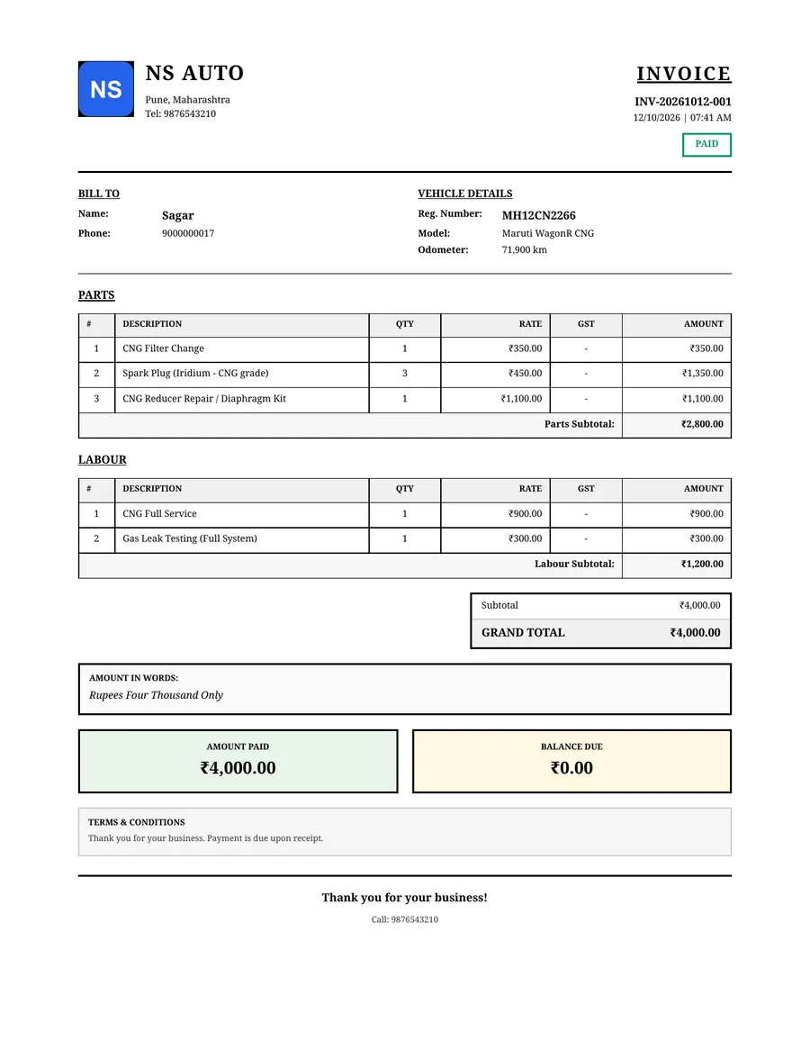 PDF CNG service bill from GarageBilling for Sagar's Maruti WagonR CNG at NS Auto, in the Classic design: parts and labour listed separately, ₹4,000 total, paid in full