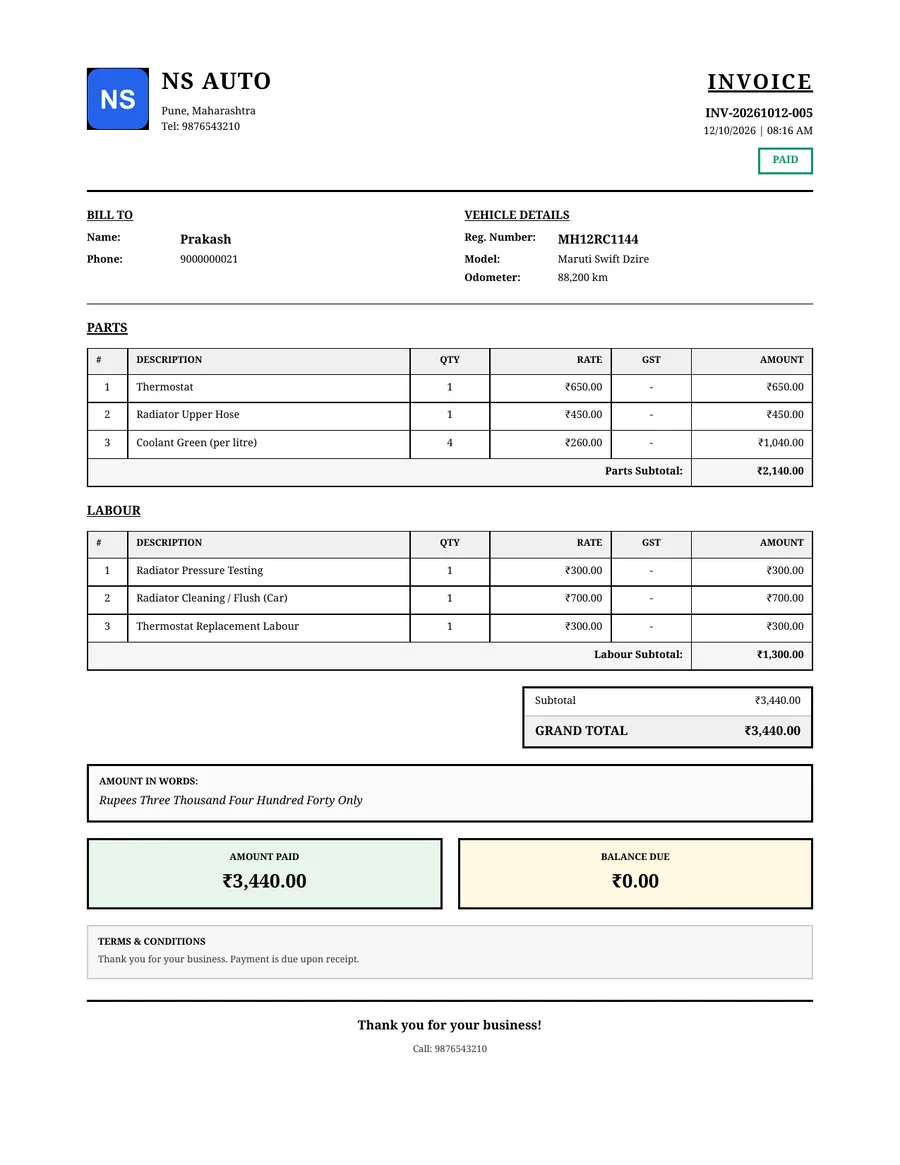 PDF cooling system bill from GarageBilling for Prakash's Maruti Swift Dzire at NS Auto, in the Classic design: parts and labour listed separately, ₹3,440 total, paid in full