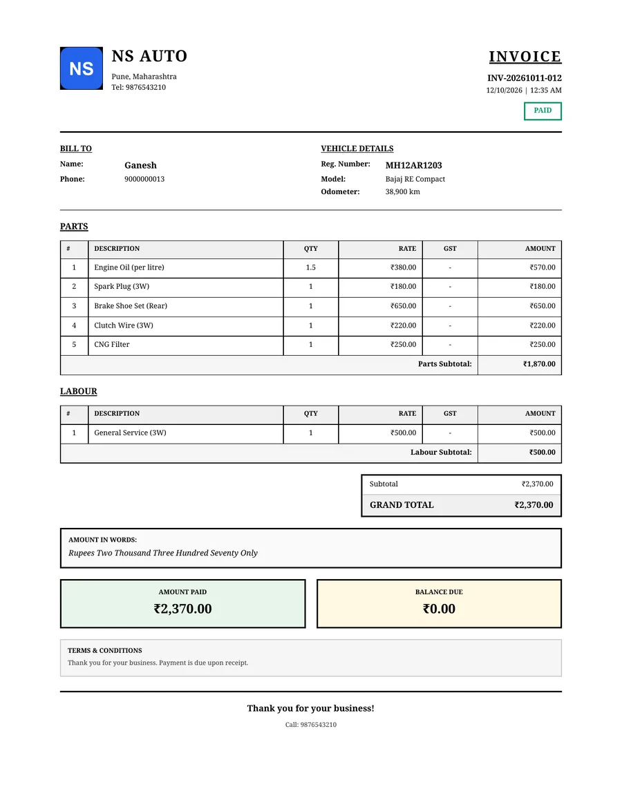 PDF auto rickshaw service bill from GarageBilling for Ganesh's Bajaj RE Compact at NS Auto, in the Classic design: parts and labour listed separately, ₹2,370 total, paid in full