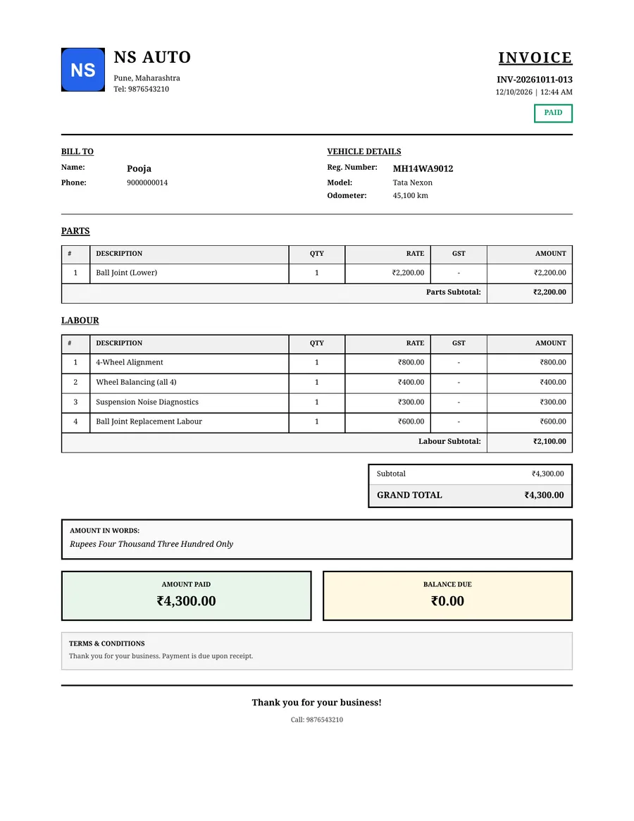 PDF alignment and suspension bill from GarageBilling for Pooja's Tata Nexon at NS Auto, in the Classic design: parts and labour listed separately, ₹4,300 total, paid in full