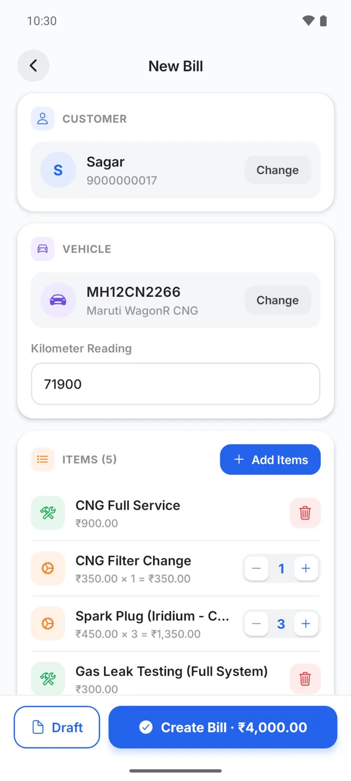 Making a CNG service bill in GarageBilling for Sagar's Maruti WagonR CNG: CNG Full Service, CNG Filter Change, Spark Plug (Iridium - CNG grade), Gas Leak Testing (Full System), with a Create Bill button for ₹4,000