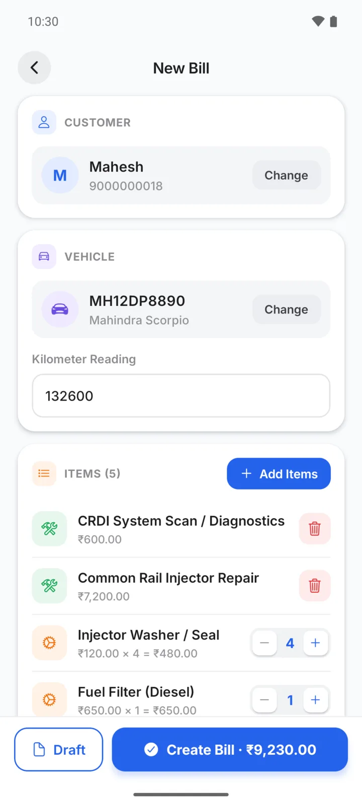 Making a diesel injector repair bill in GarageBilling for Mahesh's Mahindra Scorpio: CRDI System Scan / Diagnostics, Common Rail Injector Repair, Injector Washer / Seal, Fuel Filter (Diesel), with a Create Bill button for ₹9,230