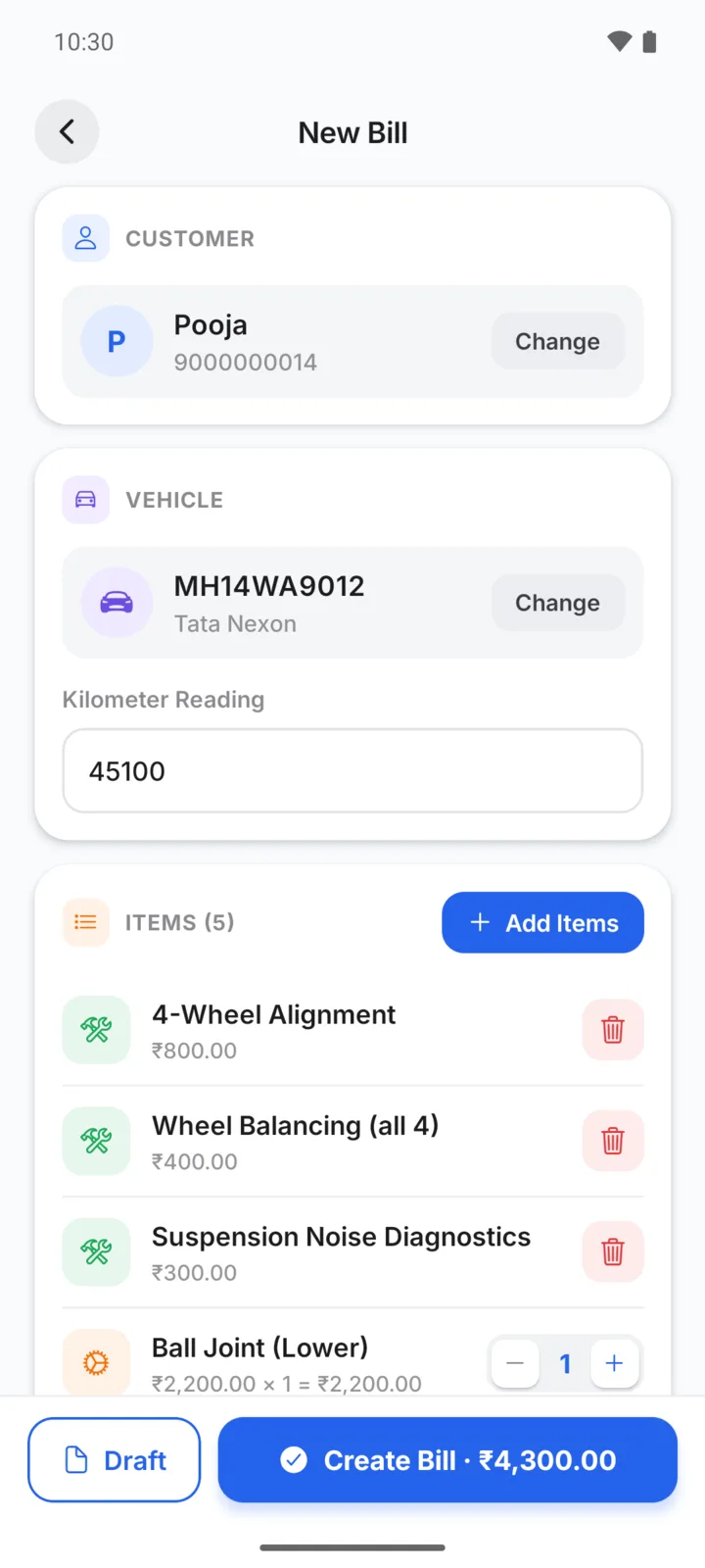 Making a alignment and suspension bill in GarageBilling for Pooja's Tata Nexon: 4-Wheel Alignment, Wheel Balancing (all 4), Suspension Noise Diagnostics, Ball Joint (Lower), with a Create Bill button for ₹4,300