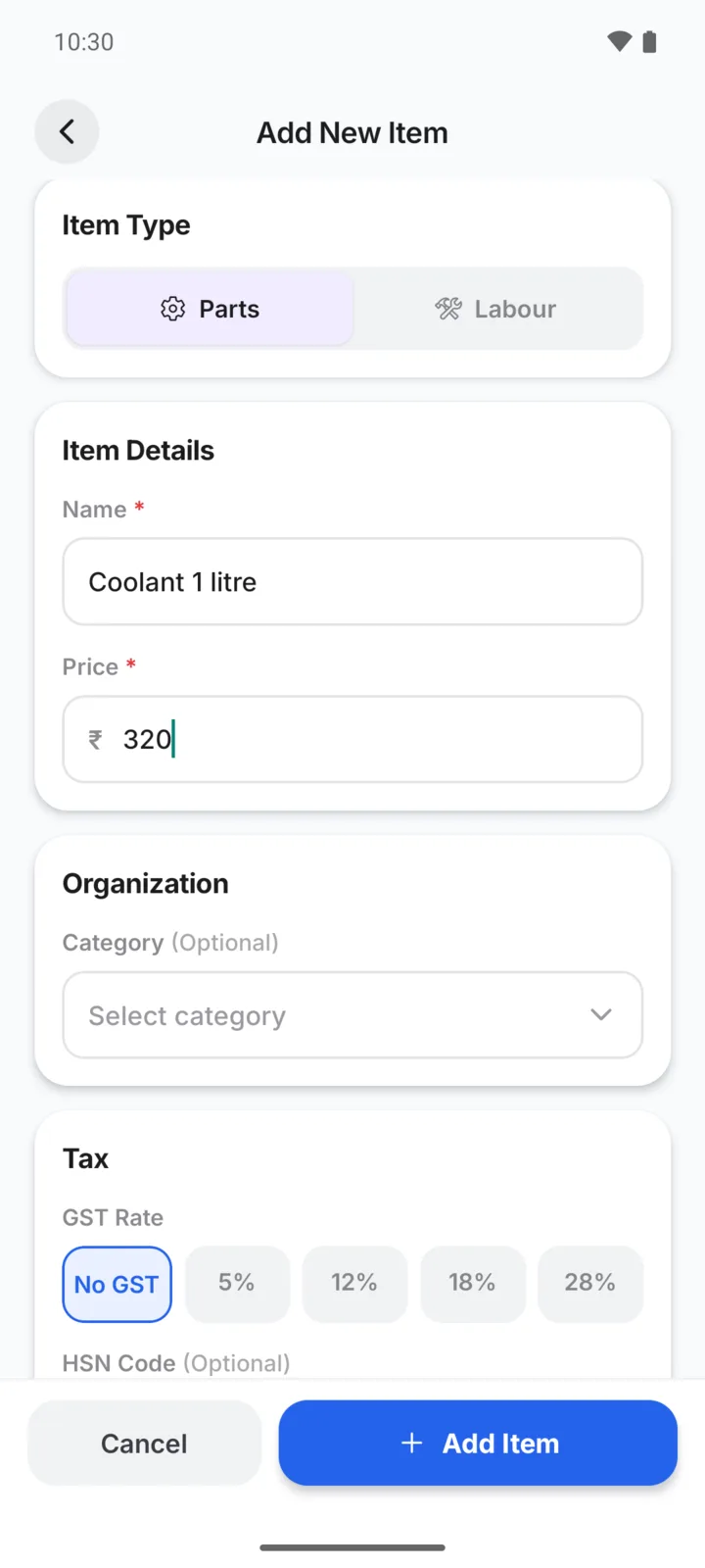 Adding a new part to the GarageBilling inventory: item type, name, price, category and GST rate
