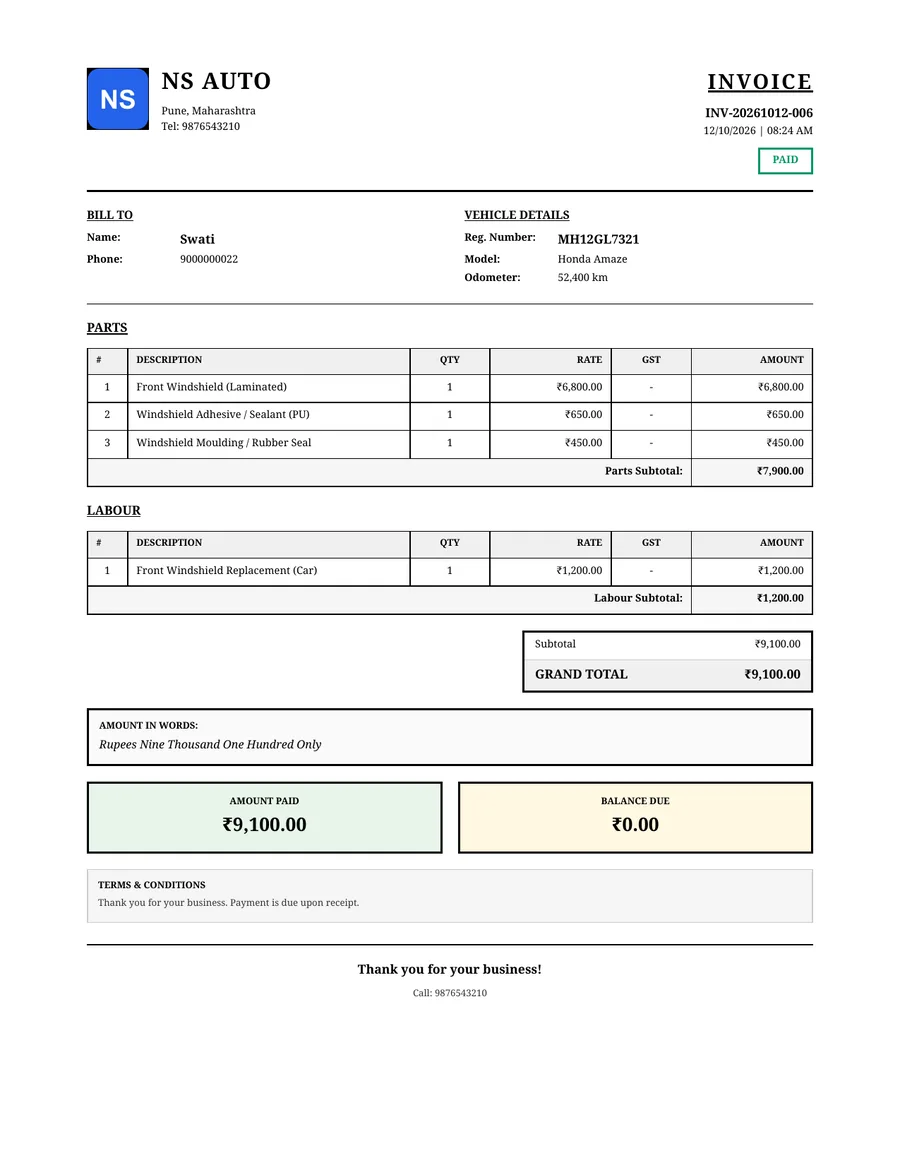 PDF windshield replacement bill from GarageBilling for Swati's Honda Amaze at NS Auto, in the Classic design: parts and labour listed separately, ₹9,100 total, paid in full