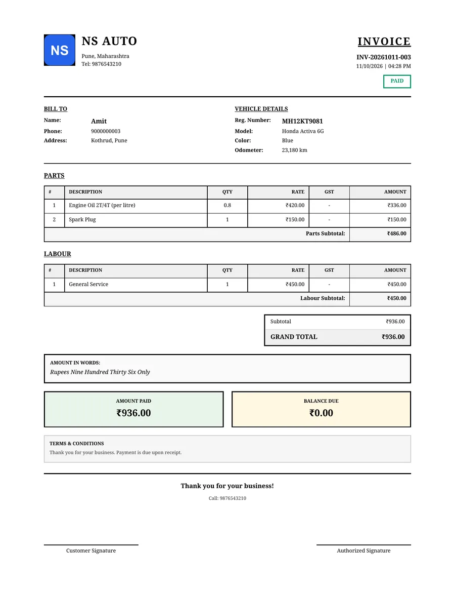 PDF bill from GarageBilling for a Honda Activa general service at NS Auto: engine oil, spark plug and service labour, ₹936 paid in full