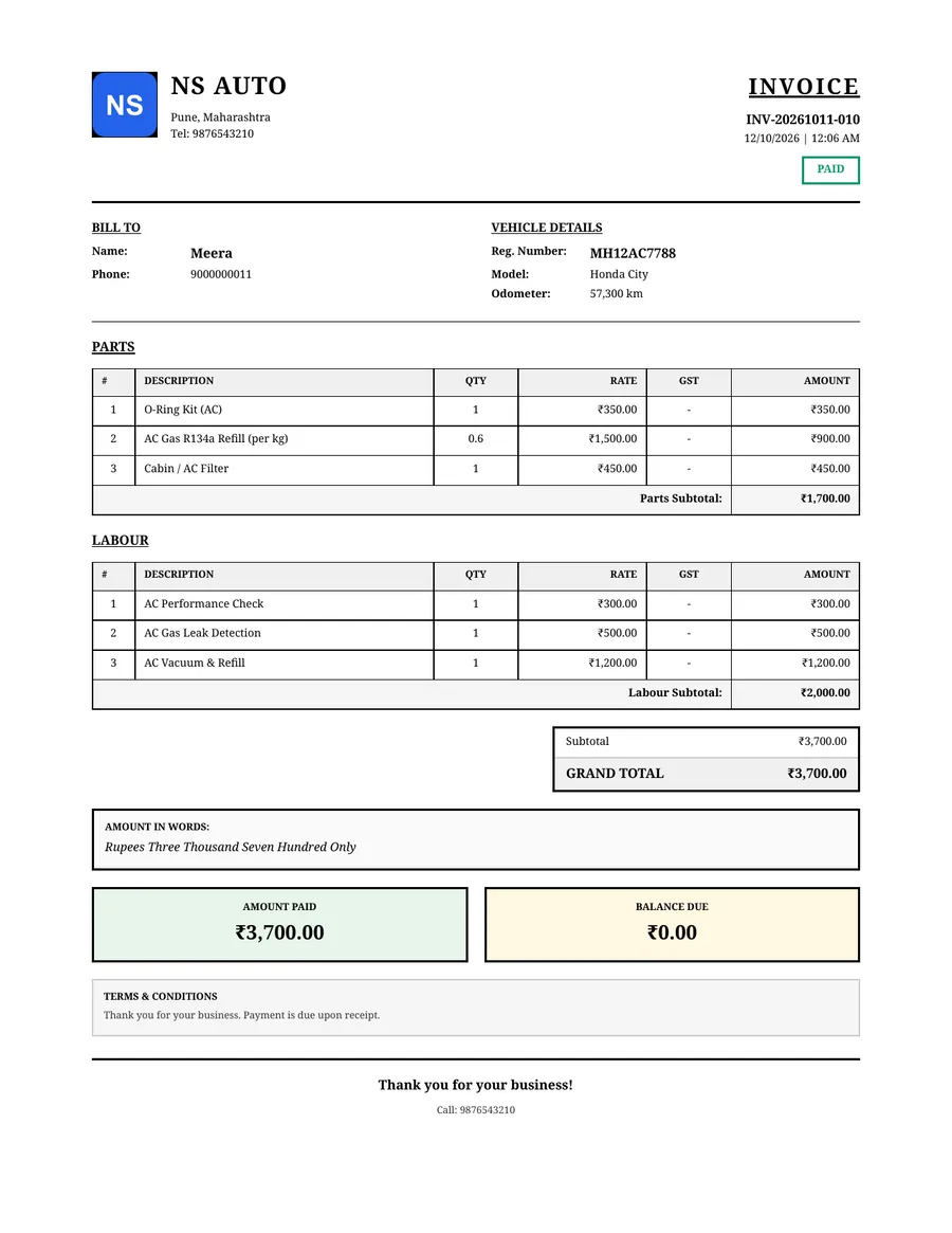 PDF car AC bill from GarageBilling for Meera's Honda City at NS Auto, in the Classic design: parts and labour listed separately, ₹3,700 total, paid in full
