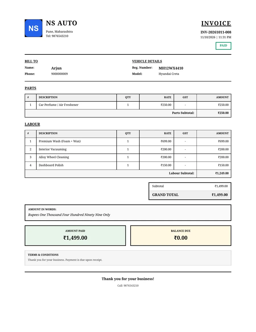 PDF car wash bill from GarageBilling for Arjun's Hyundai Creta at NS Auto, in the Classic design: parts and labour listed separately, ₹1,499 total, paid in full