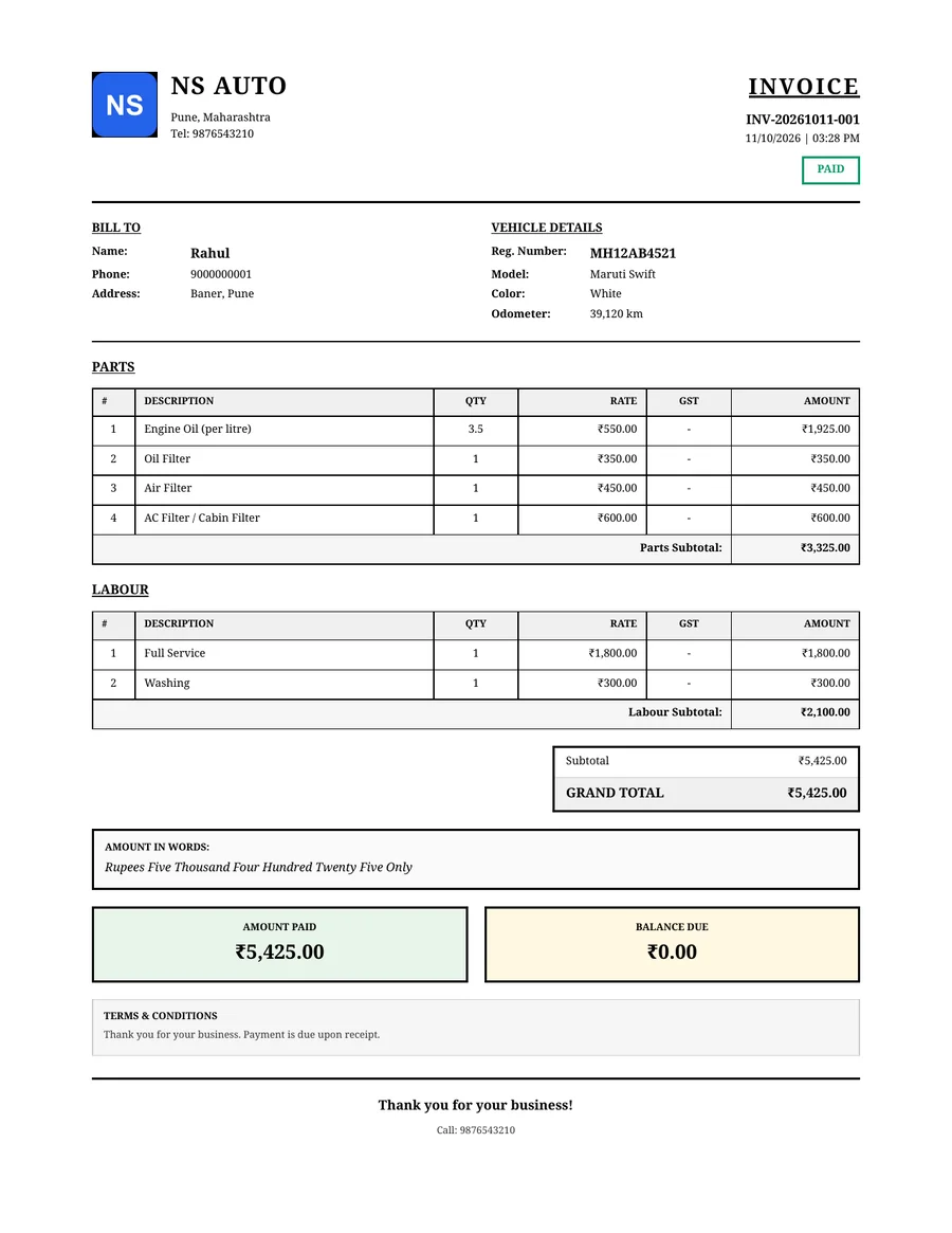 PDF bill from GarageBilling for a Maruti Swift service at NS Auto, with parts and labour listed separately, a ₹5,425 total and Paid status