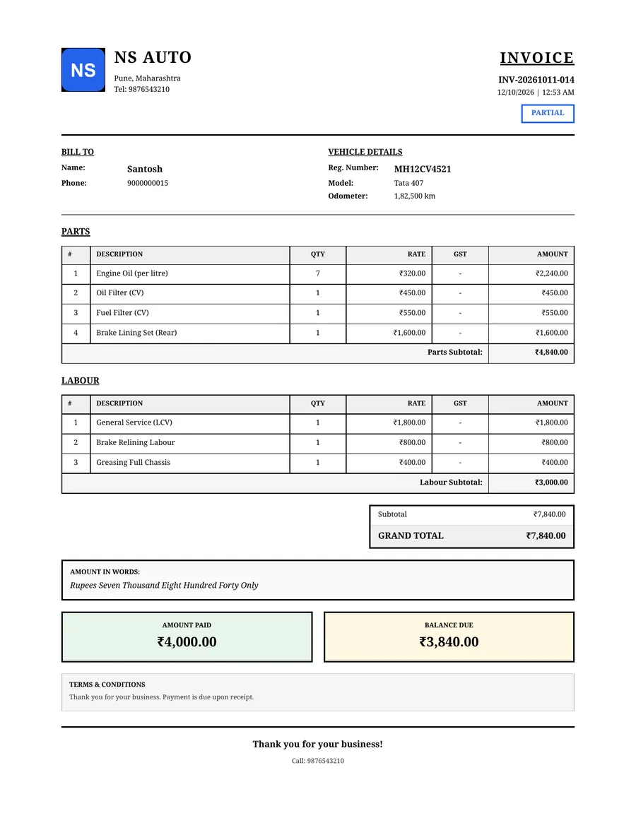 PDF commercial vehicle service bill from GarageBilling for Santosh's Tata 407 at NS Auto, in the Classic design: parts and labour listed separately, ₹7,840 total, part paid