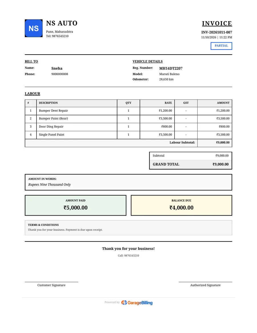 PDF denting and painting bill from GarageBilling for Sneha's Maruti Baleno at NS Auto, in the Classic design: parts and labour listed separately, ₹9,000 total, part paid
