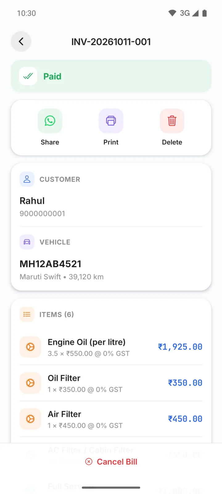 A paid garage bill in GarageBilling with Share (WhatsApp), Print and Delete buttons, the customer, the car and the parts used