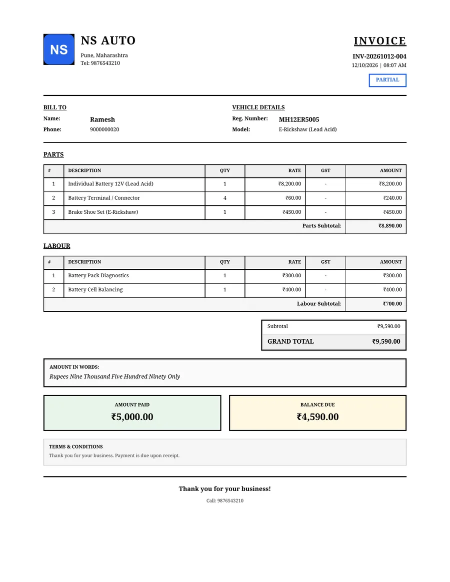PDF e-rickshaw battery bill from GarageBilling for Ramesh's E-Rickshaw (Lead Acid) at NS Auto, in the Classic design: parts and labour listed separately, ₹9,590 total, part paid
