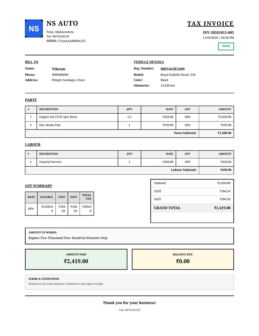GST tax invoice from GarageBilling showing the garage's GSTIN, 18% GST on each line and a CGST and SGST summary