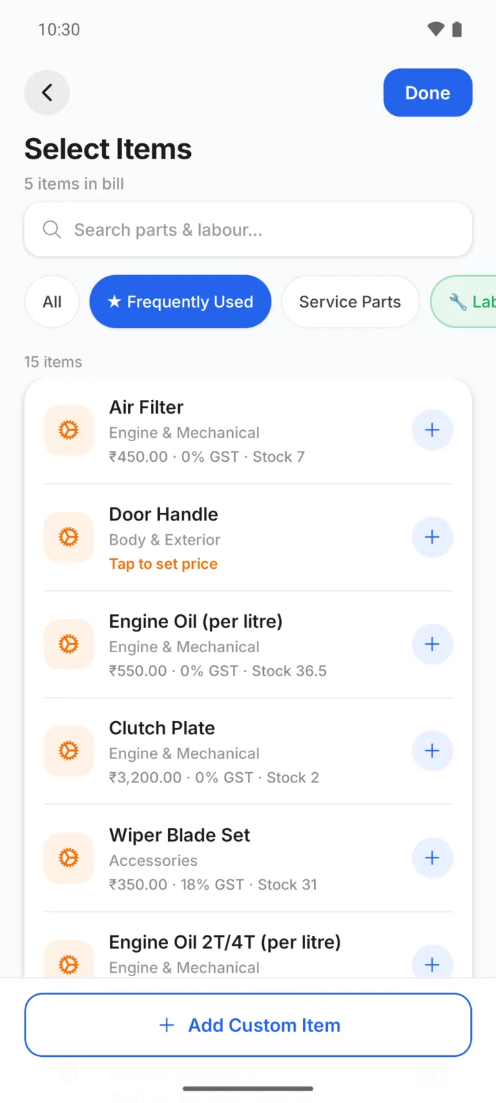 Frequently used parts in the GarageBilling item picker, each with the garage's saved price, GST rate and stock, ready to add to a bill