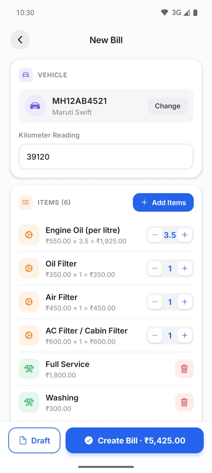 Making a bill for a Maruti Swift in GarageBilling: kilometre reading, 3.5 litres of engine oil and filters with quantity buttons, service labour and a Create Bill button for ₹5,425