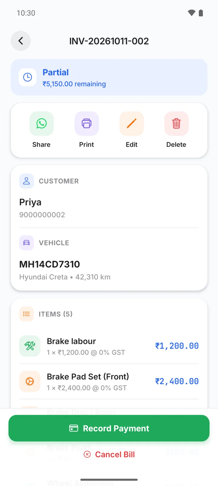A part-paid garage bill in GarageBilling showing ₹5,150 remaining and a Record Payment button