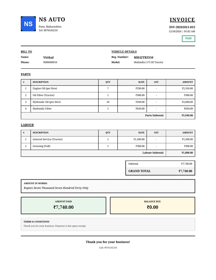 PDF tractor service bill from GarageBilling for Vitthal's Mahindra 575 DI Tractor at NS Auto, in the Classic design: parts and labour listed separately, ₹7,740 total, paid in full