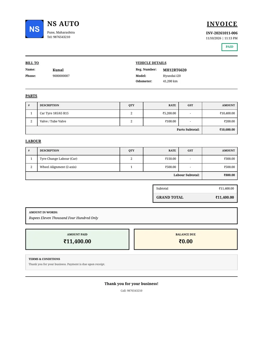 PDF tyre shop bill from GarageBilling for Kunal's Hyundai i20 at NS Auto, in the Classic design: parts and labour listed separately, ₹11,400 total, paid in full