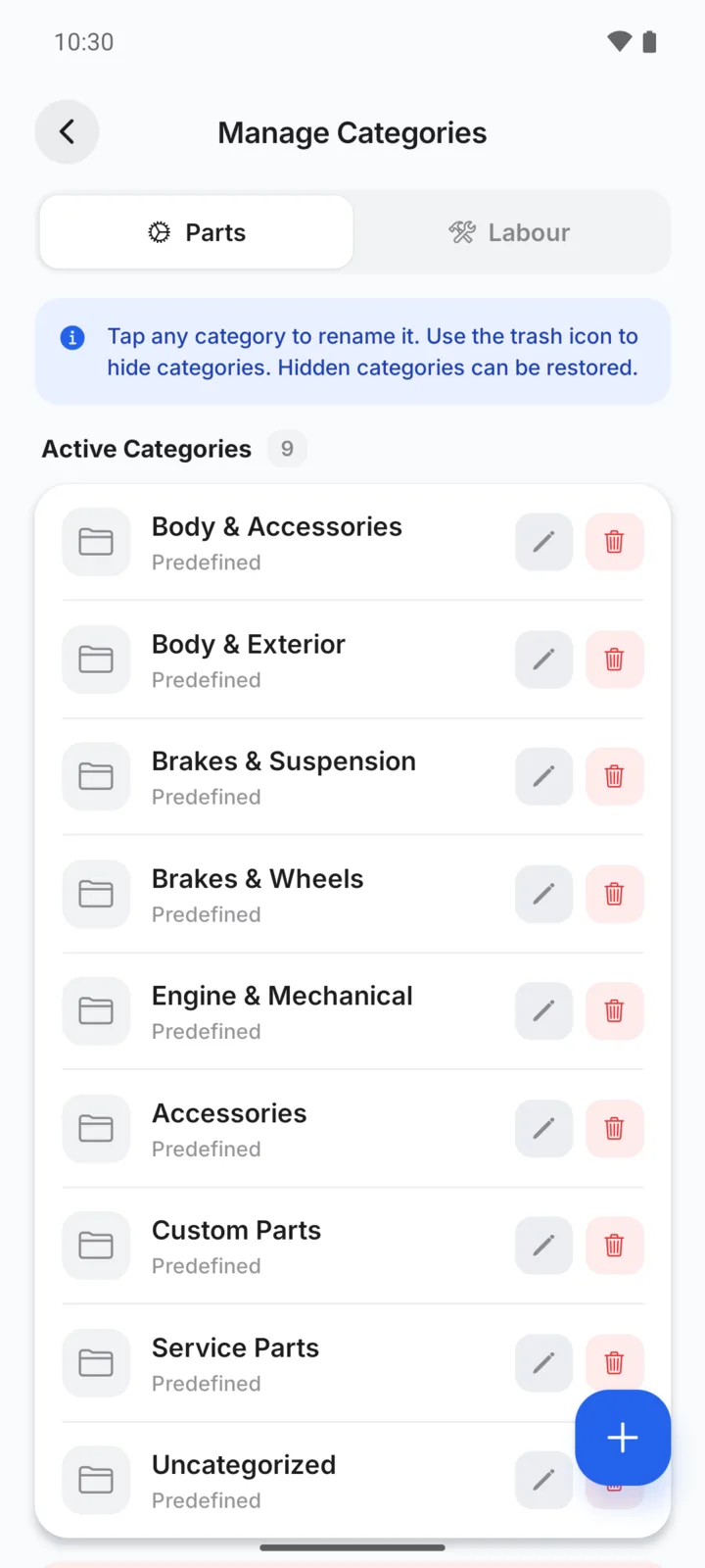 Manage Categories in GarageBilling, listing part categories with rename and hide buttons and a button to add a category