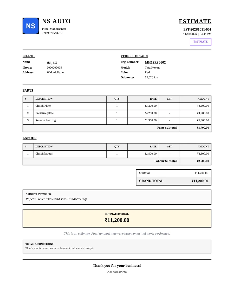 Estimate PDF from GarageBilling for a Tata Nexon clutch job with an estimated total of ₹11,200