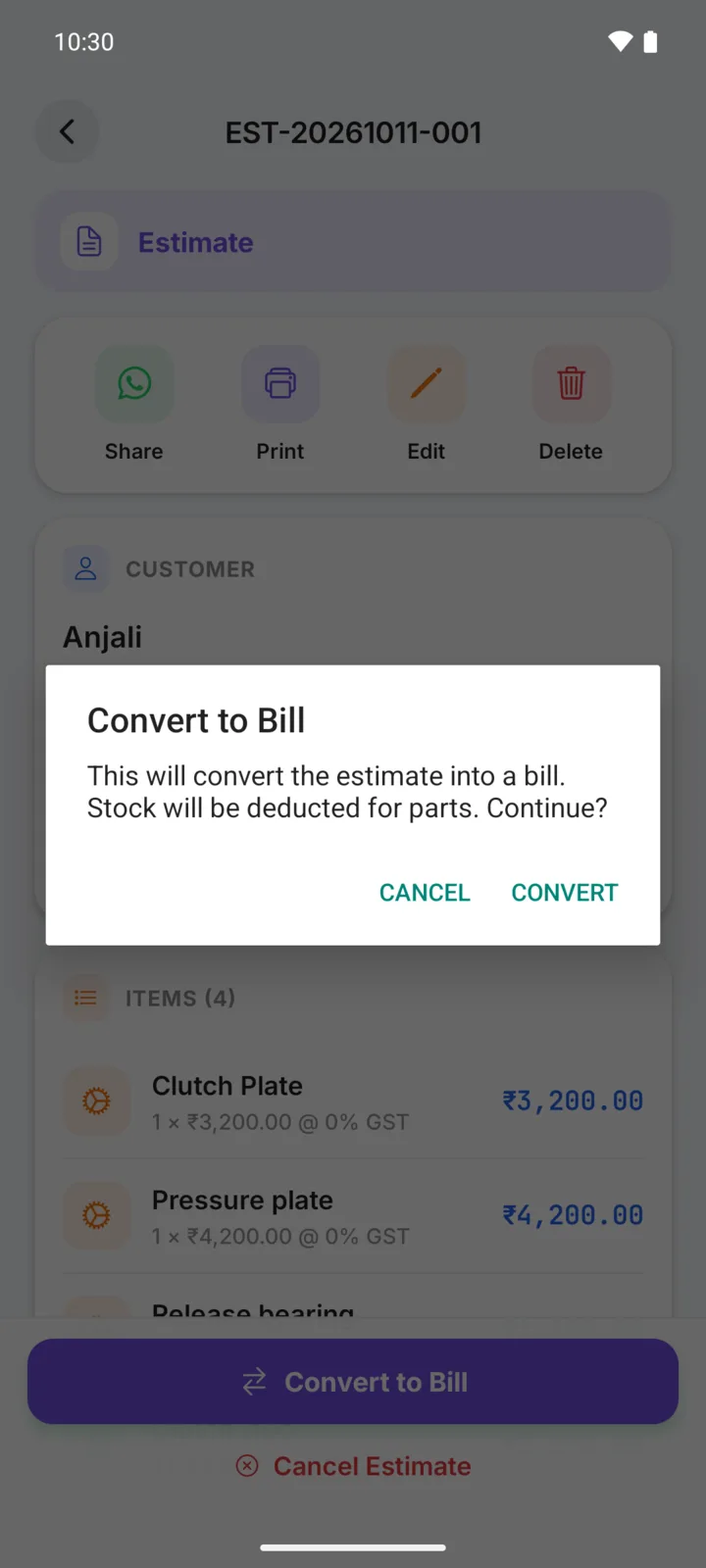 Converting an estimate in GarageBilling: a confirmation that says the estimate becomes a bill and stock is deducted for parts, with Cancel and Convert