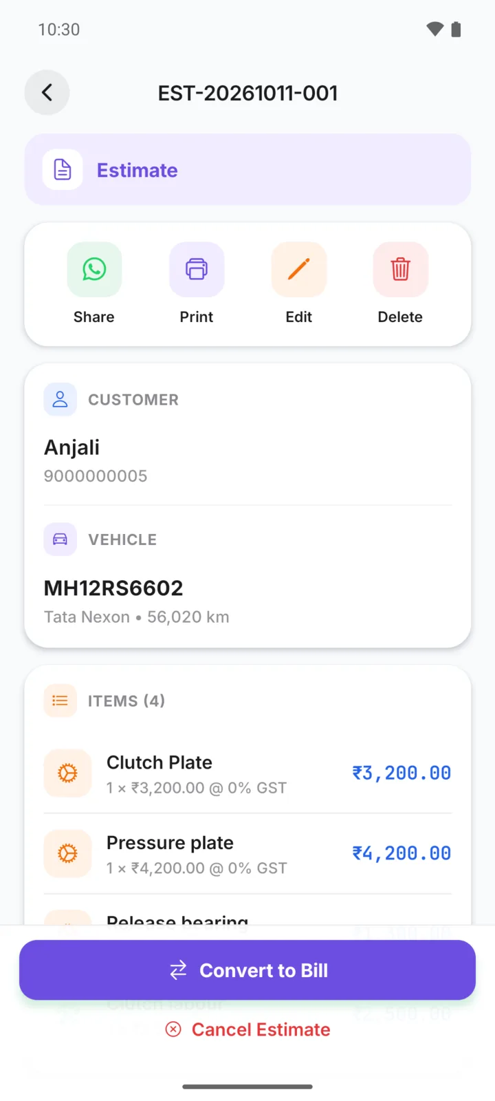 A clutch estimate for a Tata Nexon in GarageBilling with Share, Print, Edit and a Convert to Bill button