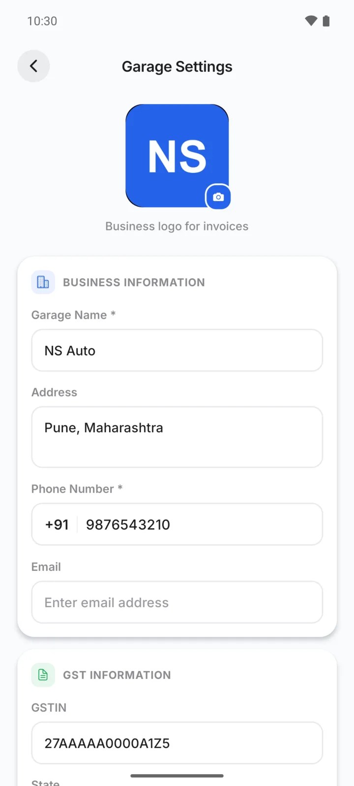Garage Settings in GarageBilling: business logo, garage name, address, phone number, email and GSTIN for NS Auto
