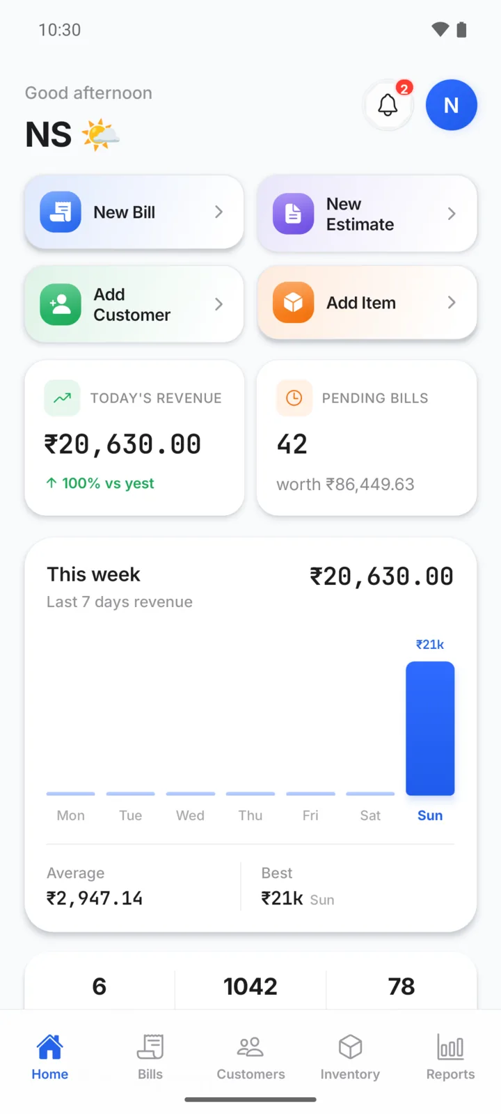 GarageBilling Android app home screen for NS Auto showing today's revenue, pending bills, this week's revenue chart and quick actions for New Bill, New Estimate, Add Customer and Add Item