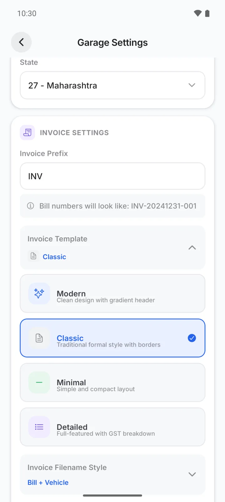 Choosing the bill design in GarageBilling's Garage Settings: Modern, Classic, Minimal or Detailed, with Classic selected, plus the invoice number prefix