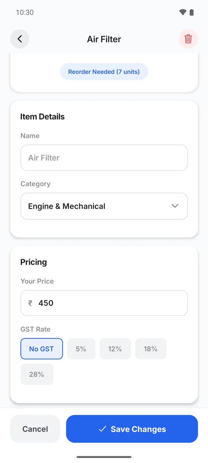 An inventory item in GarageBilling: the item name and category, your selling price of ₹450 and the GST rate options