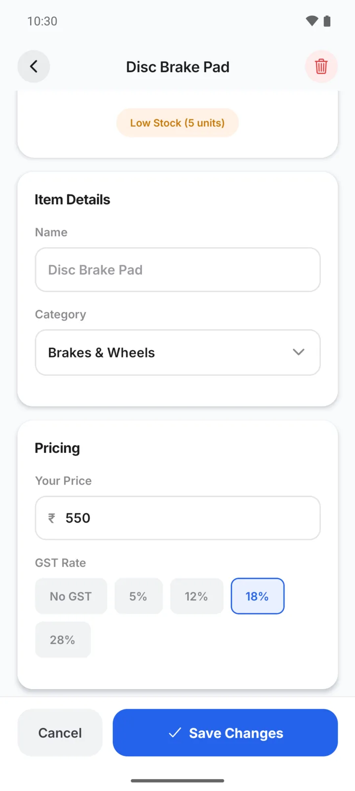 Setting 18% GST on an inventory item in GarageBilling, with No GST, 5%, 12%, 18% and 28% options