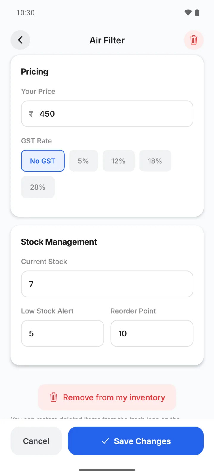 Stock settings for a part in GarageBilling: current stock of 7, a low stock alert at 5 and a reorder point of 10
