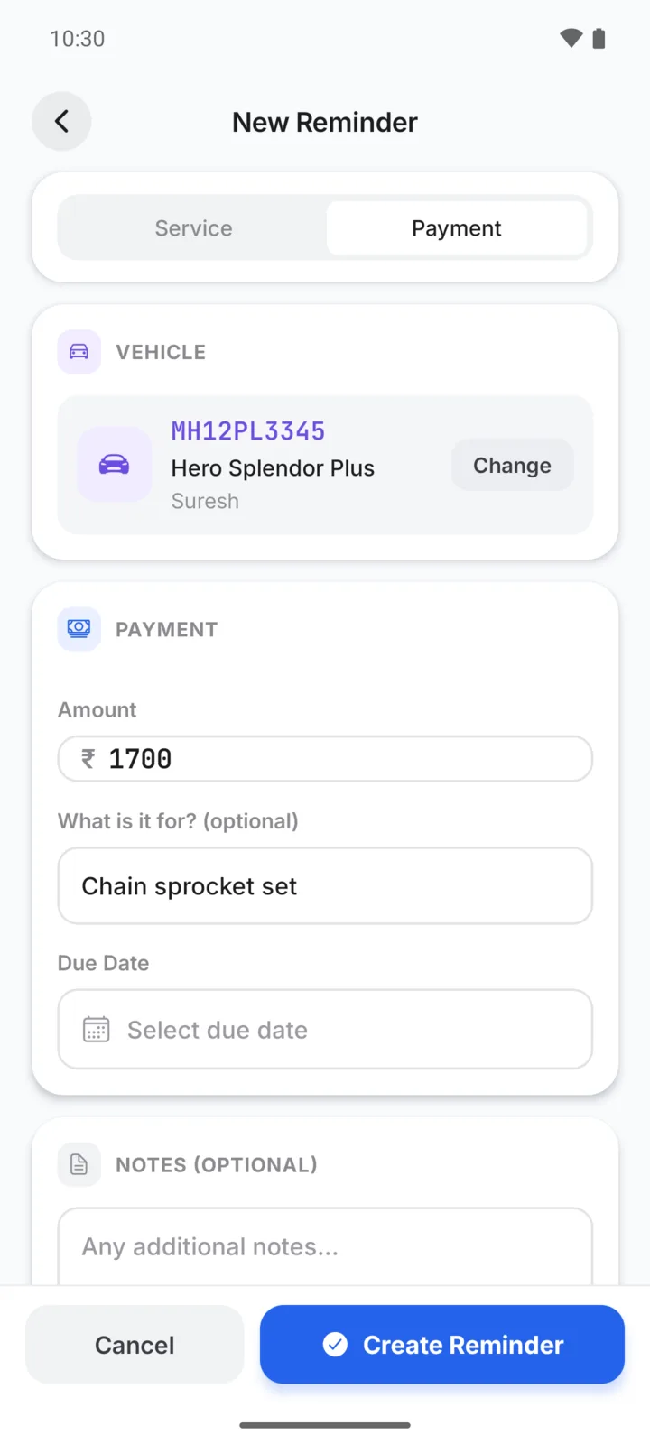 Creating a payment reminder in GarageBilling for a Hero Splendor: amount ₹1,700 for a chain sprocket set, a due date and notes