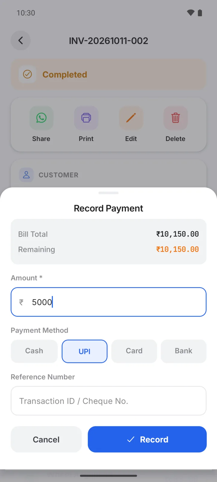 Recording a part payment of ₹5,000 by UPI against a ₹10,150 garage bill in GarageBilling