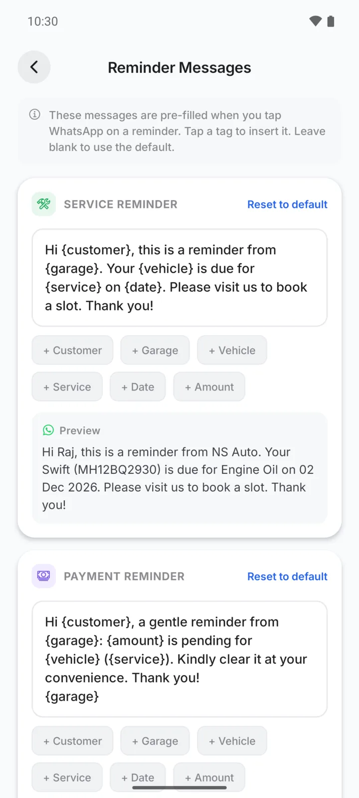 Editing the WhatsApp service and payment reminder messages in GarageBilling, with tags for customer, garage, vehicle, service, date and amount and a live preview