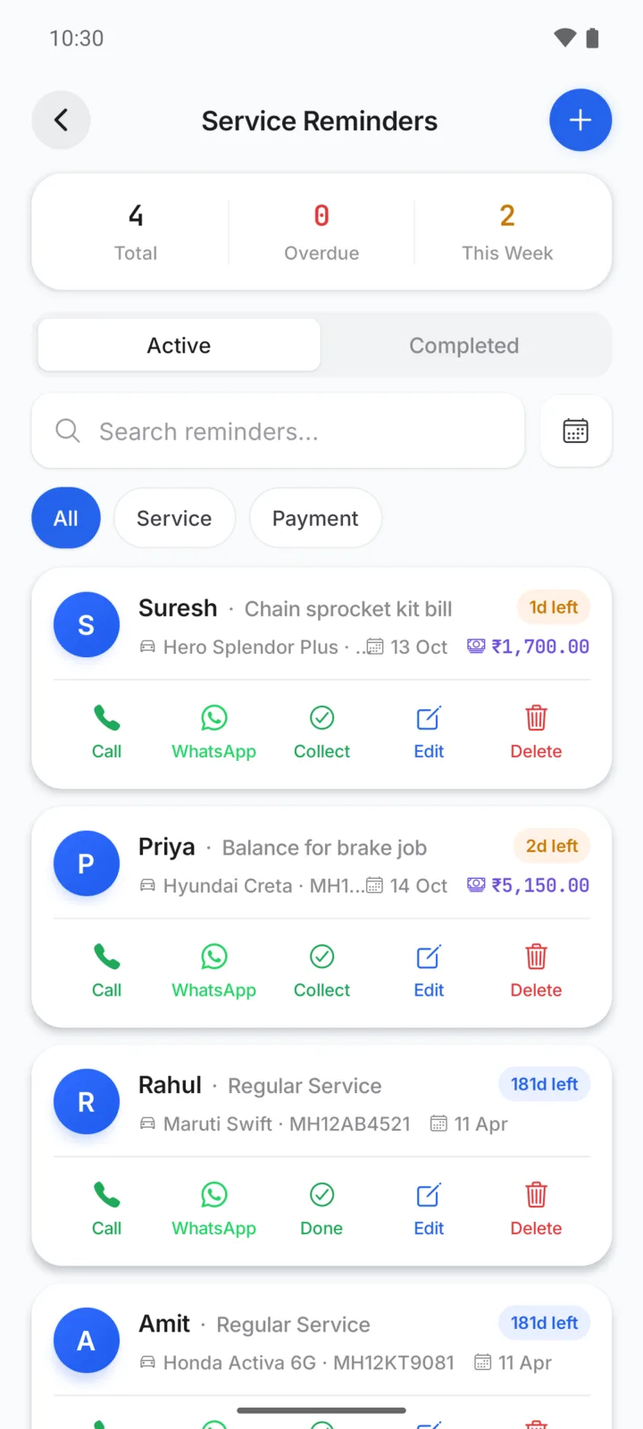 Reminders in GarageBilling: payment reminders with the amount due and service reminders with the next date, each with Call, WhatsApp and Done buttons