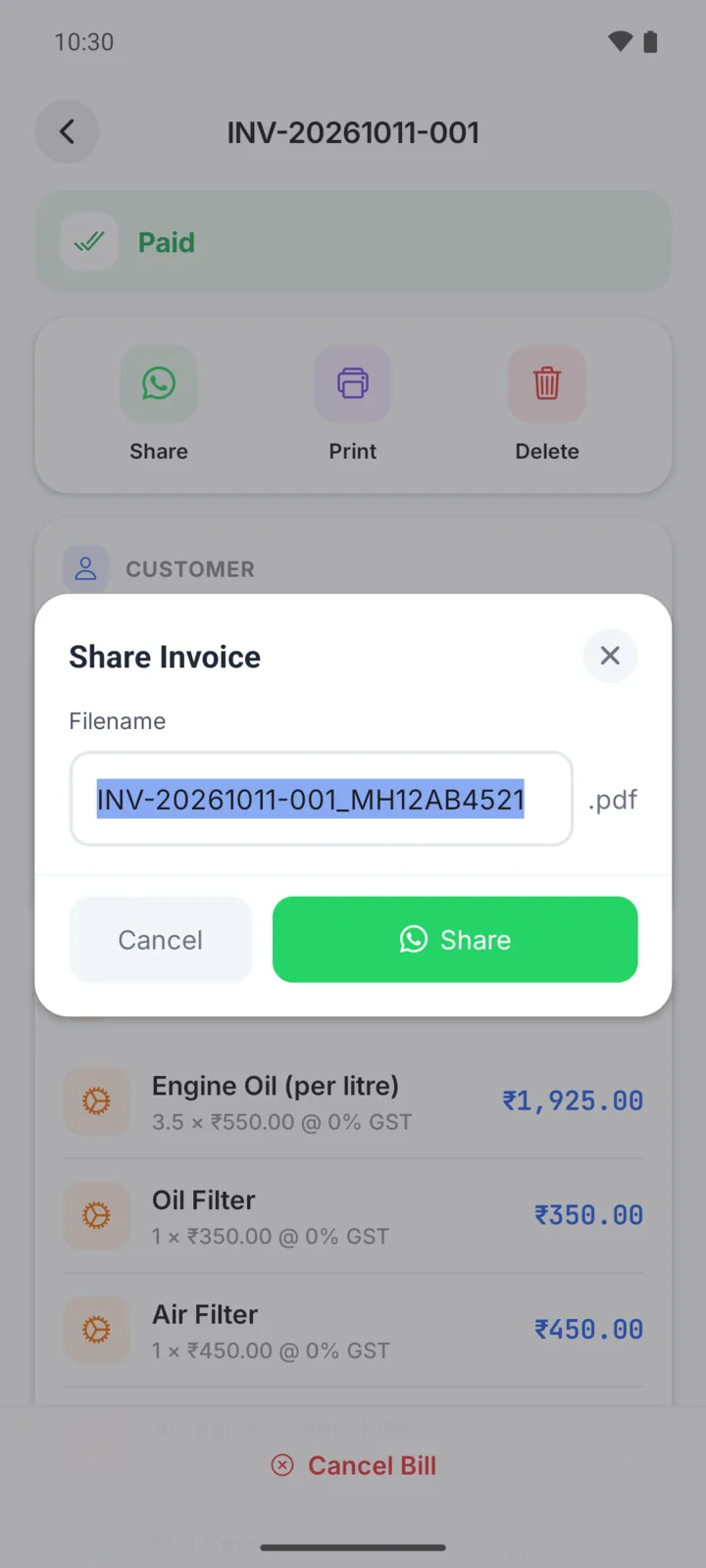 Sharing a bill from GarageBilling: the Share Invoice box with the PDF file name and a green Share button