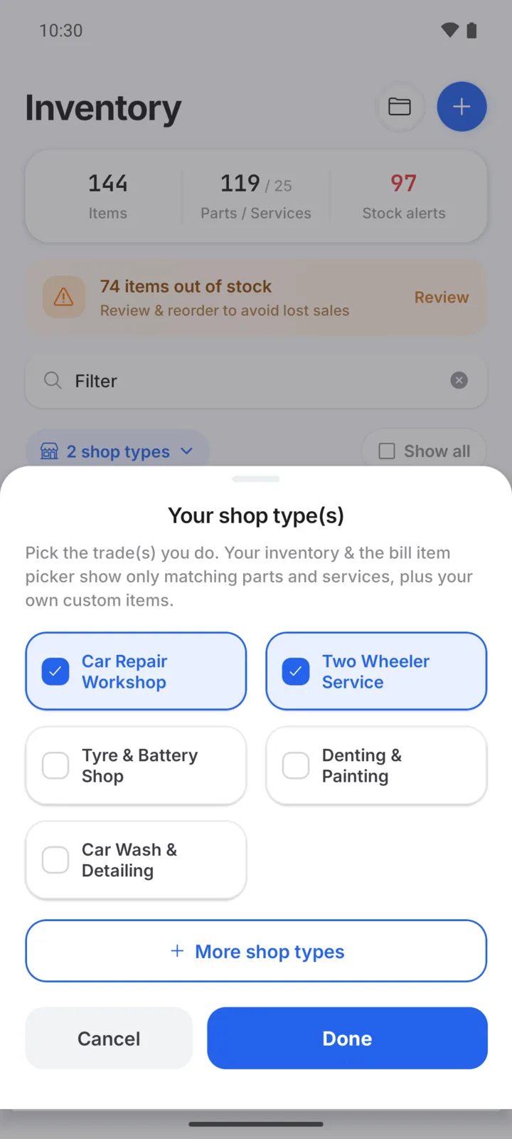 Choosing the type of garage in GarageBilling — Car Repair Workshop, Two Wheeler Service and other trades — to load a matching parts and labour list