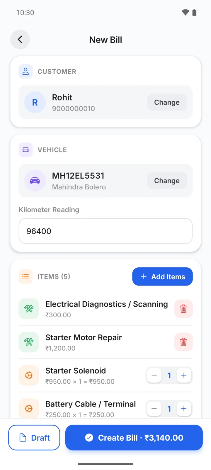 Making a auto electrical bill in GarageBilling for Rohit's Mahindra Bolero: Electrical Diagnostics / Scanning, Starter Motor Repair, Starter Solenoid, Battery Cable / Terminal, with a Create Bill button for ₹3,140