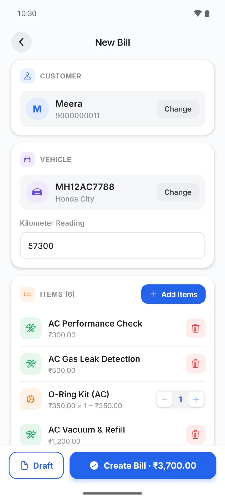 Making a car AC bill in GarageBilling for Meera's Honda City: AC Performance Check, AC Gas Leak Detection, O-Ring Kit (AC), AC Vacuum & Refill, with a Create Bill button for ₹3,700