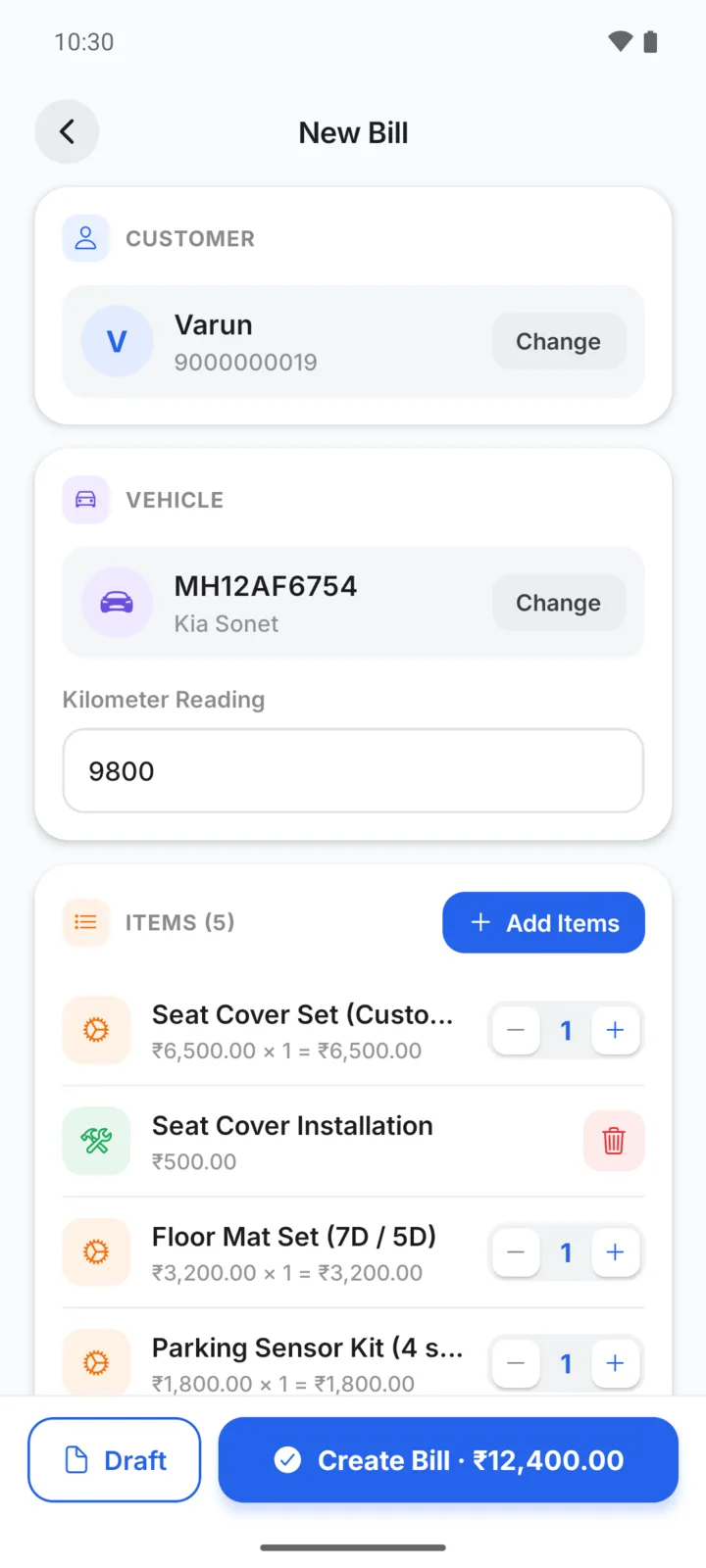 Making a car accessories bill in GarageBilling for Varun's Kia Sonet: Seat Cover Set (Custom Fit), Seat Cover Installation, Floor Mat Set (7D / 5D), Parking Sensor Kit (4 sensors), with a Create Bill button for ₹12,400
