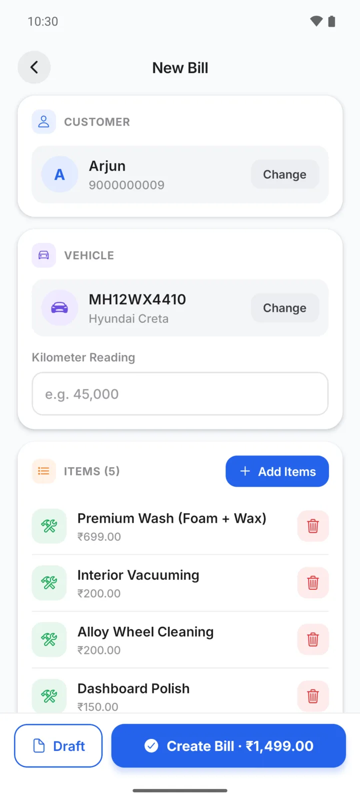 Making a car wash bill in GarageBilling for Arjun's Hyundai Creta: Premium Wash (Foam + Wax), Interior Vacuuming, Alloy Wheel Cleaning, Dashboard Polish, with a Create Bill button for ₹1,499