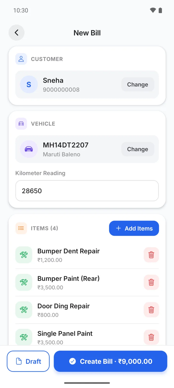 Making a denting and painting bill in GarageBilling for Sneha's Maruti Baleno: Bumper Dent Repair, Bumper Paint (Rear), Door Ding Repair, Single Panel Paint, with a Create Bill button for ₹9,000