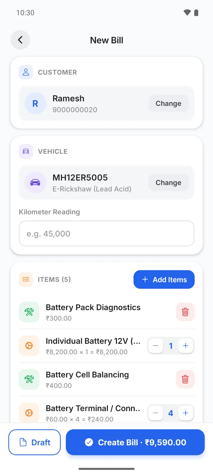 Making a e-rickshaw battery bill in GarageBilling for Ramesh's E-Rickshaw (Lead Acid): Battery Pack Diagnostics, Individual Battery 12V (Lead Acid), Battery Cell Balancing, Battery Terminal / Connector, with a Create Bill button for ₹9,590