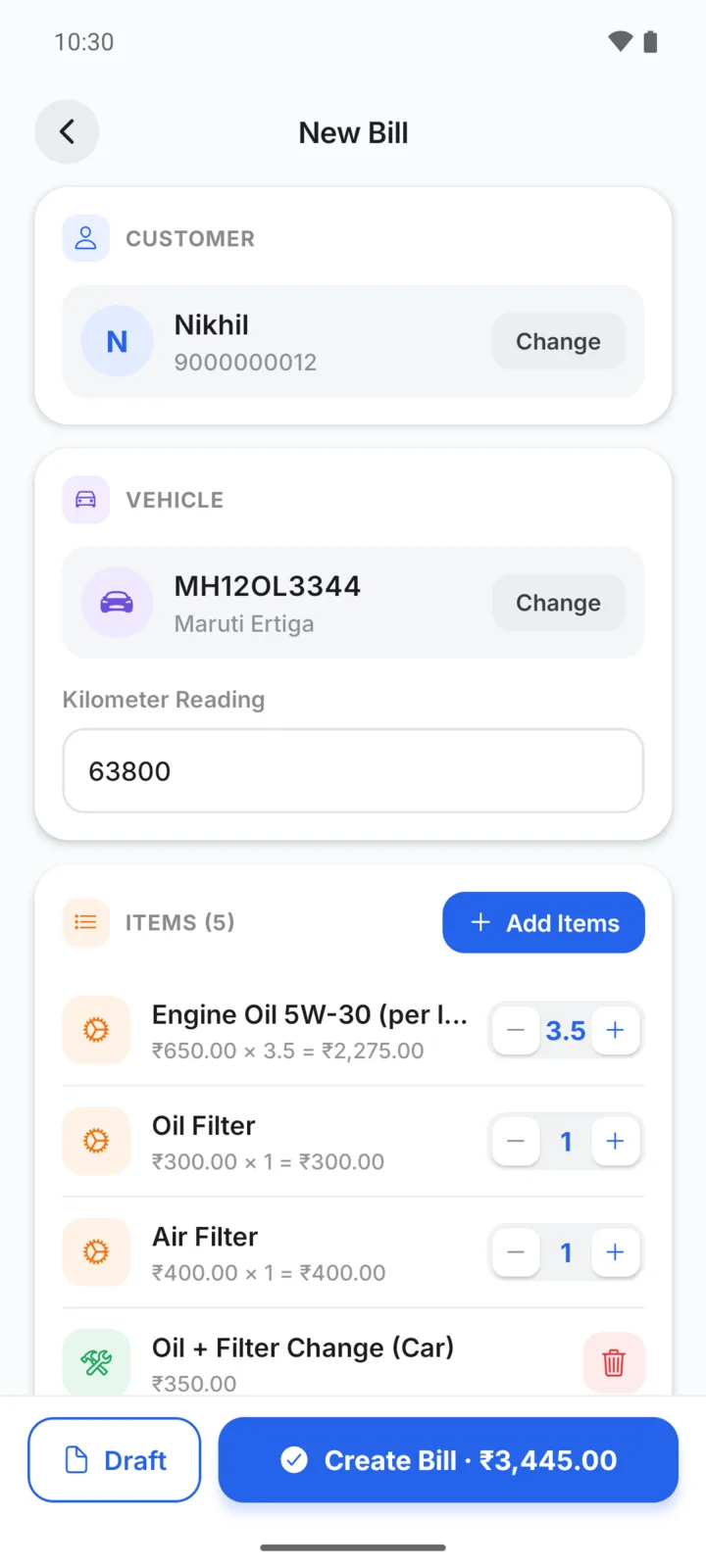 Making a oil change bill in GarageBilling for Nikhil's Maruti Ertiga: Engine Oil 5W-30 (per litre), Oil Filter, Air Filter, Oil + Filter Change (Car), with a Create Bill button for ₹3,445