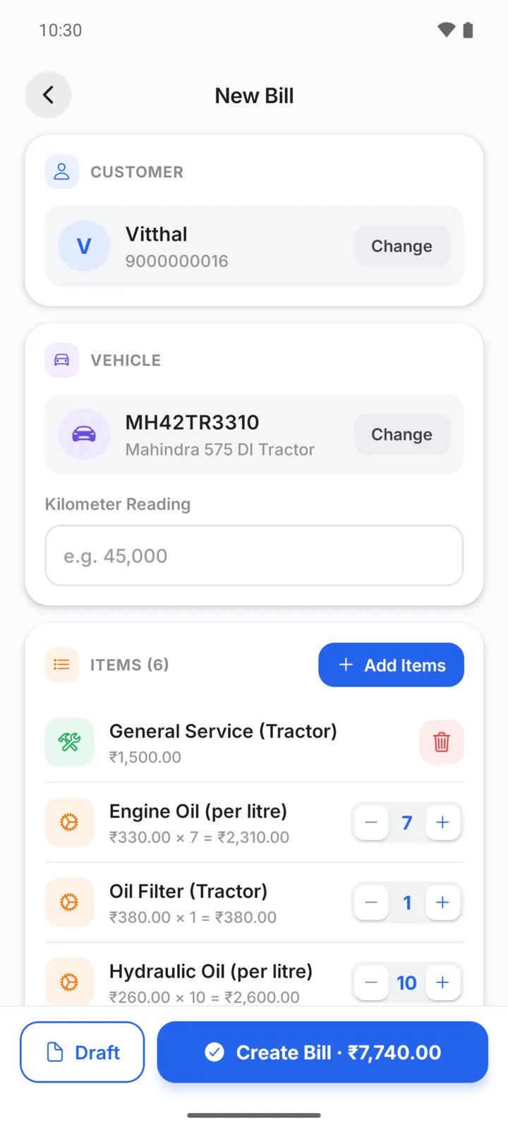 Making a tractor service bill in GarageBilling for Vitthal's Mahindra 575 DI Tractor: General Service (Tractor), Engine Oil (per litre), Oil Filter (Tractor), Hydraulic Oil (per litre), with a Create Bill button for ₹7,740