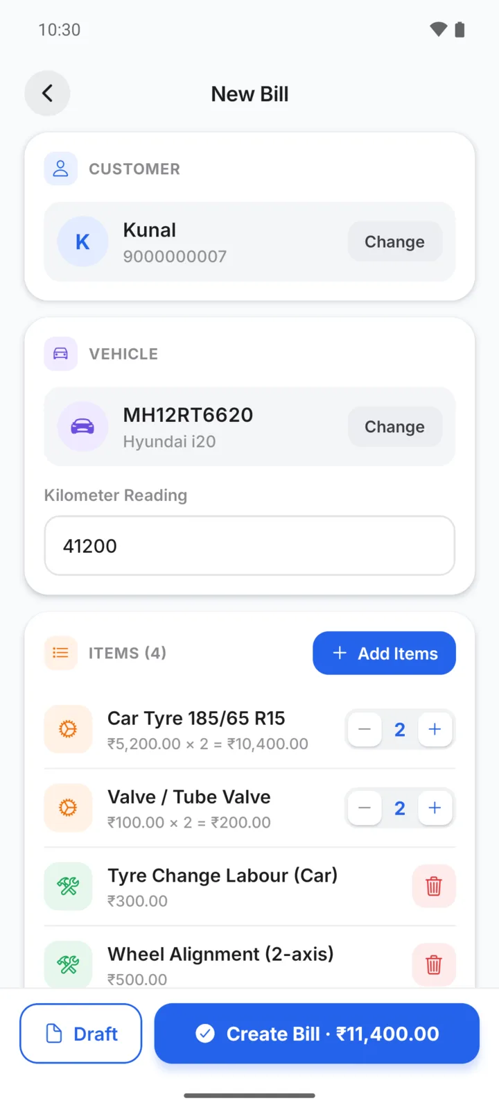Making a tyre shop bill in GarageBilling for Kunal's Hyundai i20: Car Tyre 185/65 R15, Valve / Tube Valve, Tyre Change Labour (Car), Wheel Alignment (2-axis), with a Create Bill button for ₹11,400